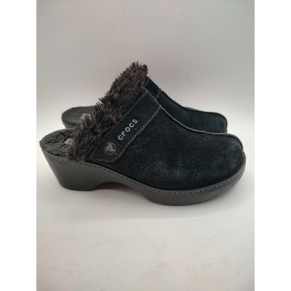 Crocs Black Suede Faux Fur Lined Block Heel Clogs Mules Womens Size 5